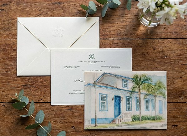 Convite Casamento markatto e vegetal aquarela