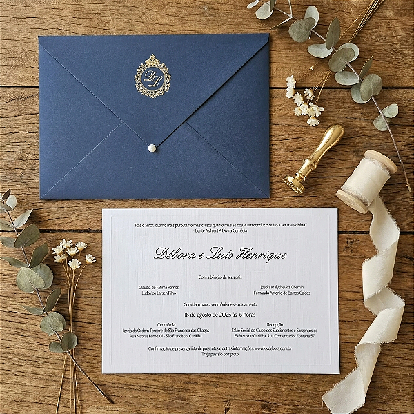 Convite de casamento azul e dourado metalizado (opcional)