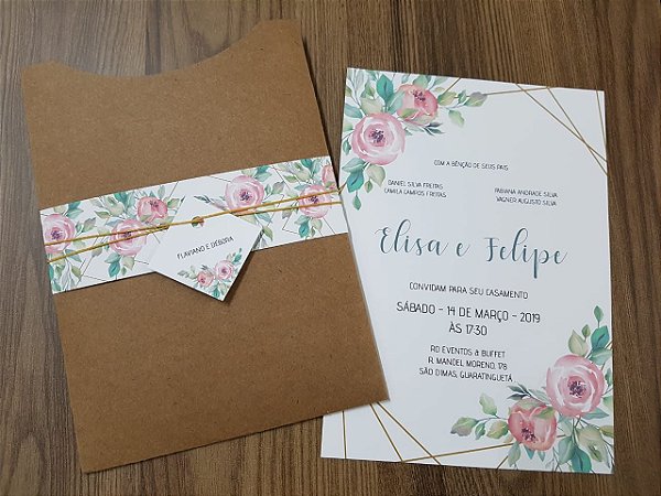 Convite casamento rustico flores e faixa