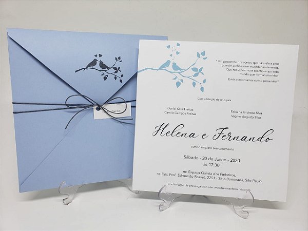 Convite de casamento azul serenity casal passarinhos