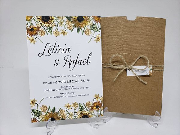 Convite de casamento em envelope kraft linhao tema girassol - Atelie da  Lola Conviteria - convites casamento debutante bodas