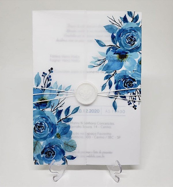 Convite casamento azul com lacre de cera papel vegetal