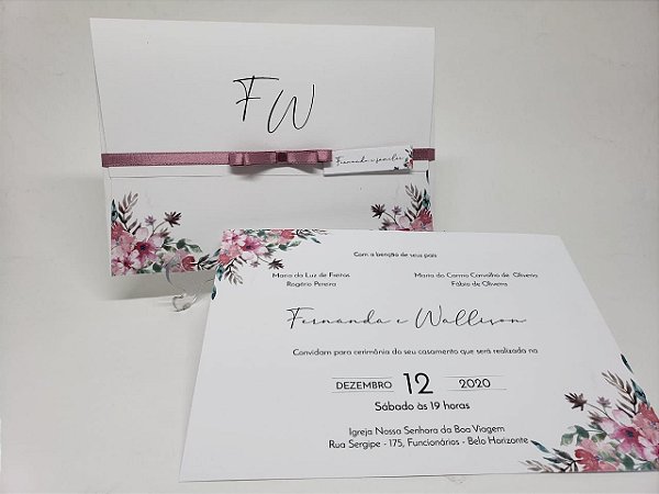 Convite casamento rosa e branco com envelope