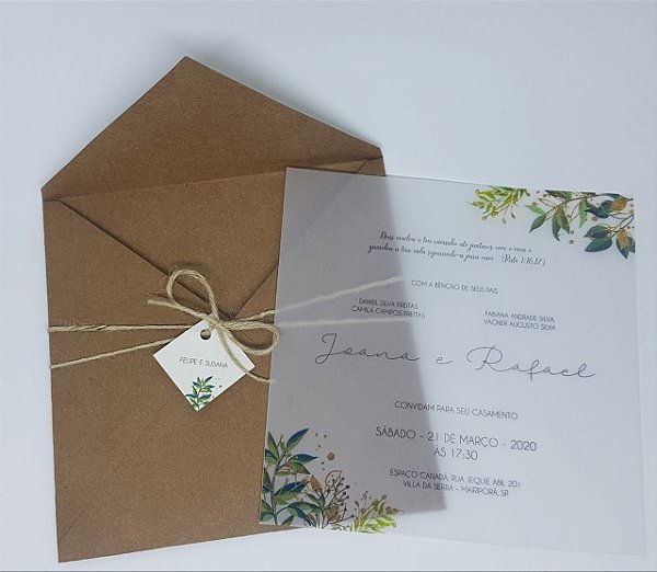 Convite de casamento rustico com papel vegetal