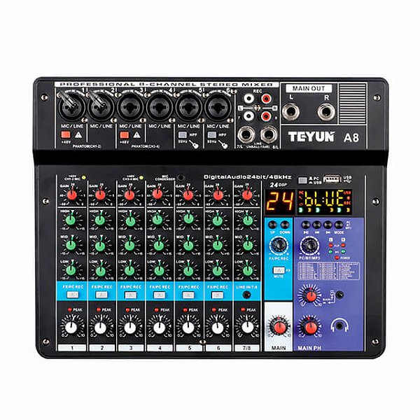 Mesa de Som 08 Canais Teyun A8 USB Bluetooth Phantom Power