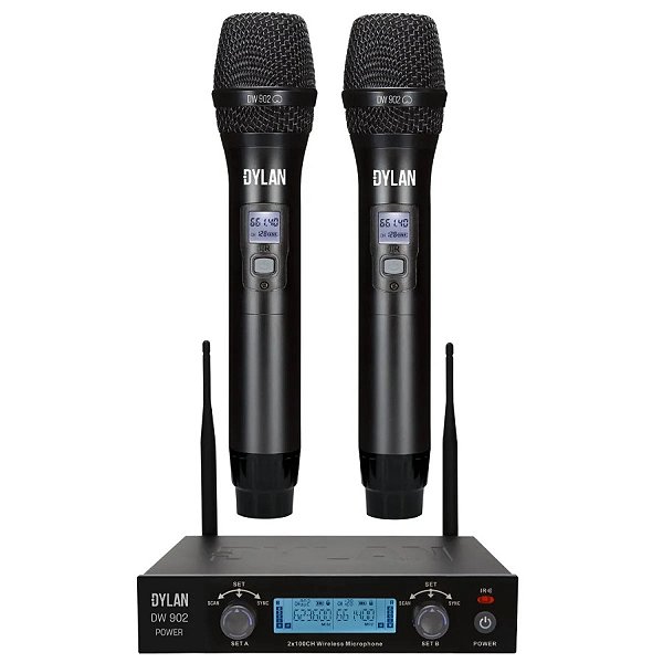 Microfone sem Fio de Mão Duplo Dylan D-902 Power Bateria Recarregável