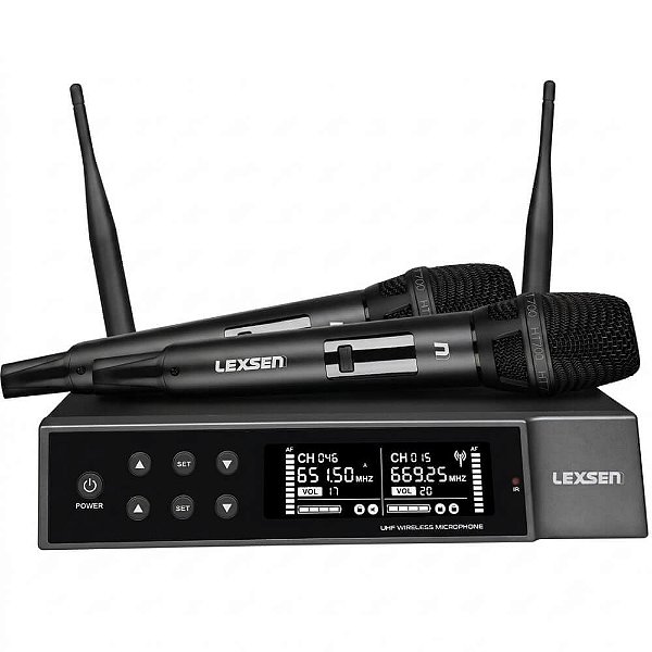 Microfone sem Fio de Mão Duplo Lexsen NXS702 BK HT2 Bateria Recarregável