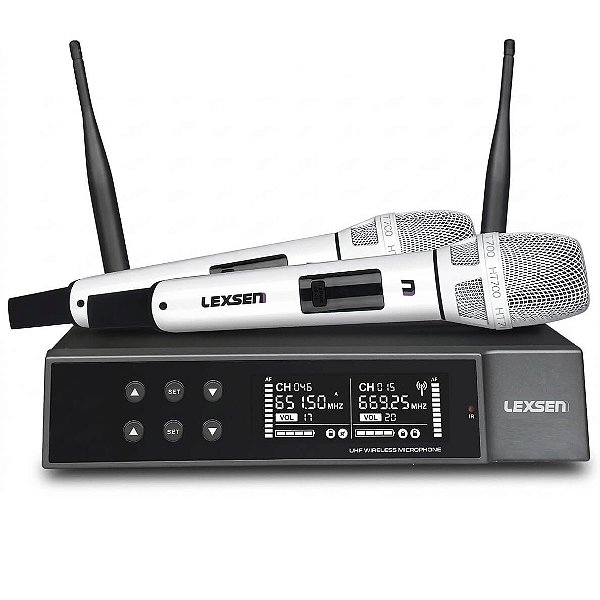 Microfone sem Fio de Mão Duplo Branco Lexsen NXS702 WH HT2 Bateria Recarregável