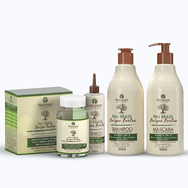 KIT Fortalecedor Capilar PAU BRASIL Raízes Fortes (Shampoo, Máscara, Tônico e Suplemento de Biotina)