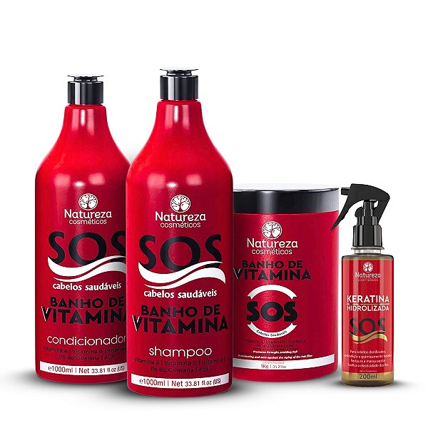 Kit SOS Banho de Vitaminas 1L 3 PASSOS + Spray SOS Keratina Hidrolizada Natureza Cosméticos