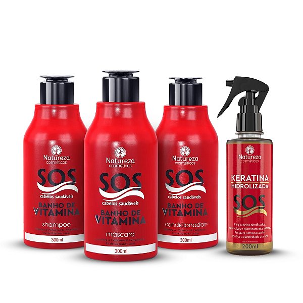 KIT SOS Banho de Vitaminas HOME CARE 300ML + Spray SOS Keratina 200ml - NATUREZA COSMÉTICOS