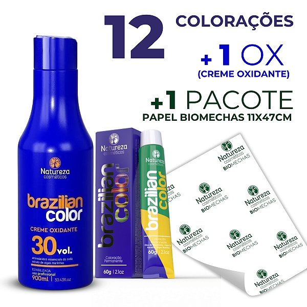 Combo 12 Colorações de Cabelo Brazilian Color + 1 OX de 900ml + Papel Bio Mechas 11x47 C/ 120 Unidades