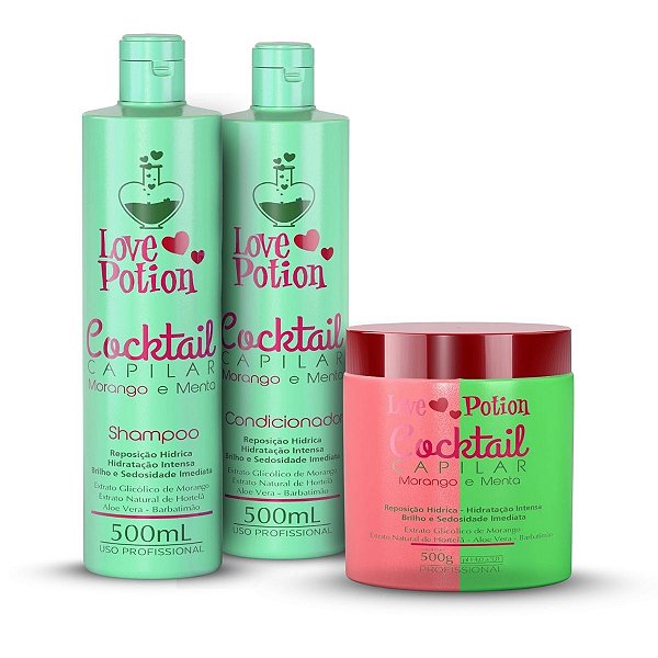 Kit Cocktail Morango E Menta HIDRATAÇÃO CAPILAR Love Potion - 3 PASSOS