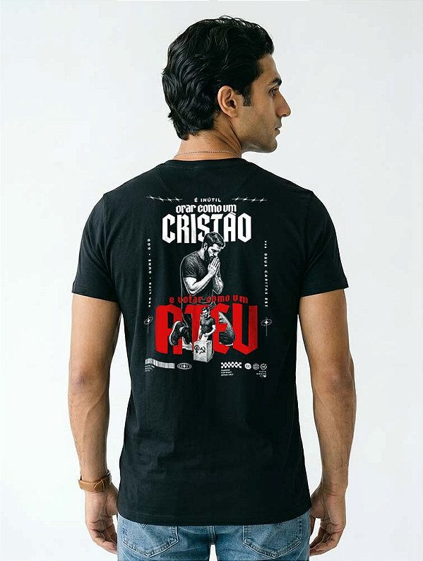 Camiseta É inútil orar como cristão e votar como ateu - PRETA masculino