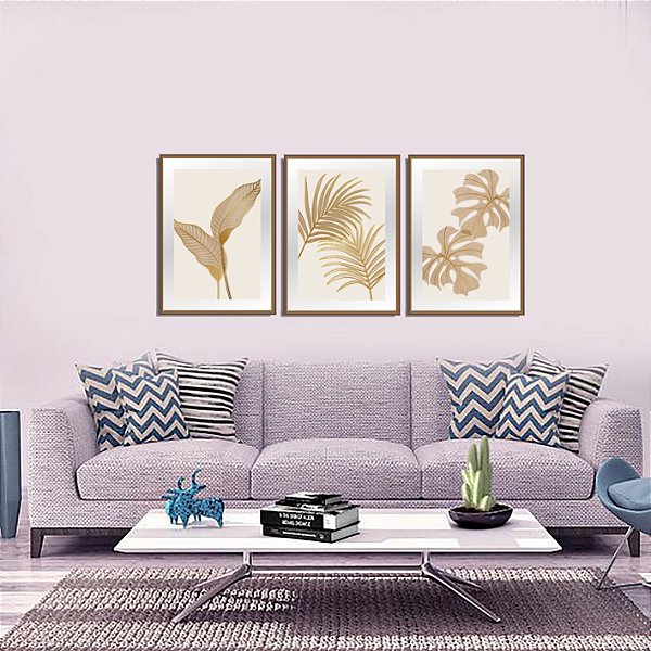 Quadros Folhas elegance com margem de espelho, vidro e moldura cobre