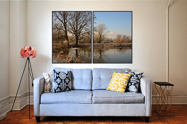 QUADROS DUPLOS LAGO COM ÁRVORES SECAS - MOLDURA PRETA