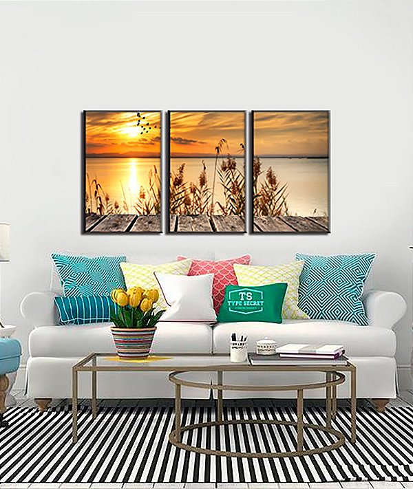 QUADROS PAISAGEM POR DO SOL KIT 3 QUADROS