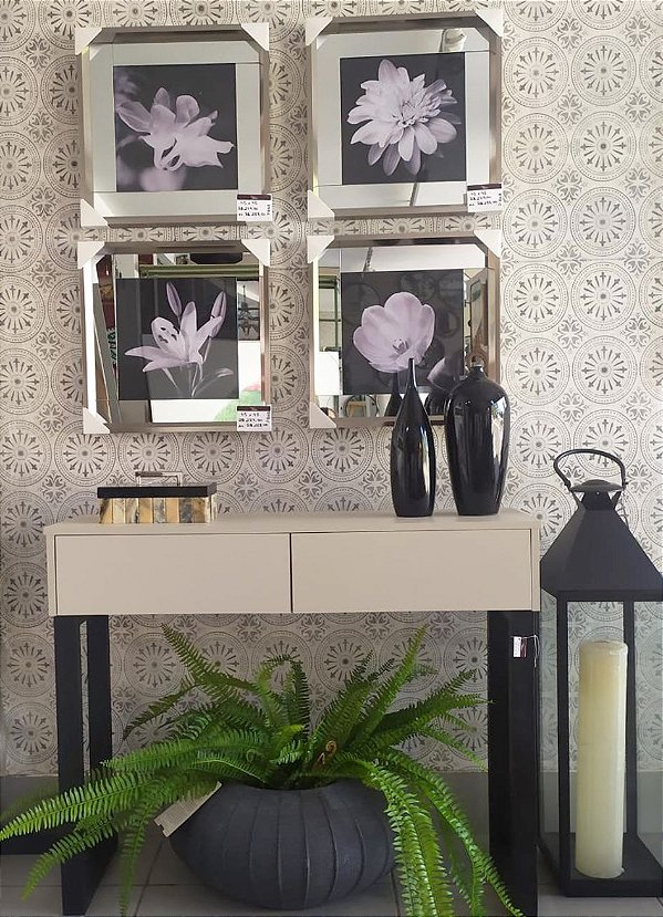QUADROS FLORES PRETO E BRANCO COM MARGEM DE ESPELHO 45 x 45 cm CADA KIT 4 QUADROS