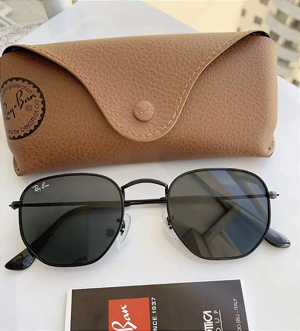 Óculos de Sol Ray-Ban Hexagonal Preto Lente Cristal Metal Preto Feminino e Masculino