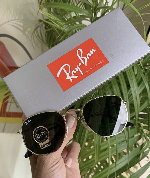 Óculos de Sol Ray-Ban Hexagonal Lente Preto Metal Dourado Feminino e Masculino