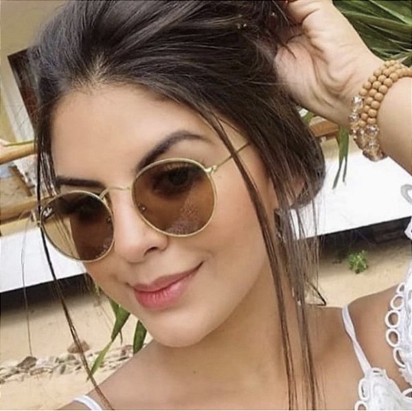 Óculos de Sol Ray-Ban Round Lente Marrom Metal Dourado Feminino e Masculino