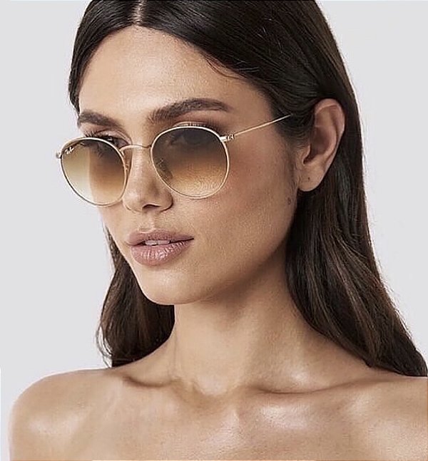 Óculos de Sol Ray-Ban Round Lente Marrom Metal Dourado Feminino e Masculino