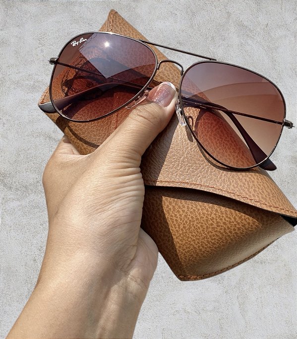 Óculos de Sol Ray Ban Aviador Lente Marrom Degrade Clássico Metal Cobre Feminino e Masculino