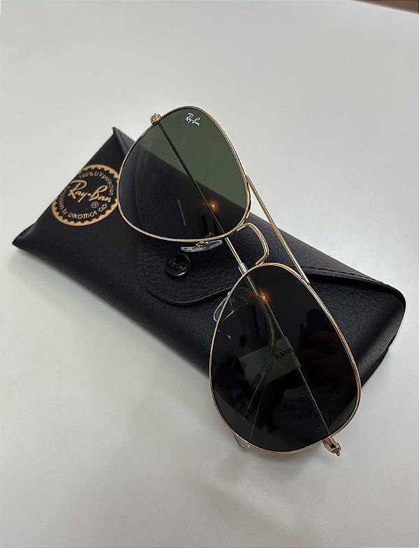 Óculos de Sol Ray Ban Aviador lente Preto Cristal Metal Dourado Feminino e Masculino Mais Vendido