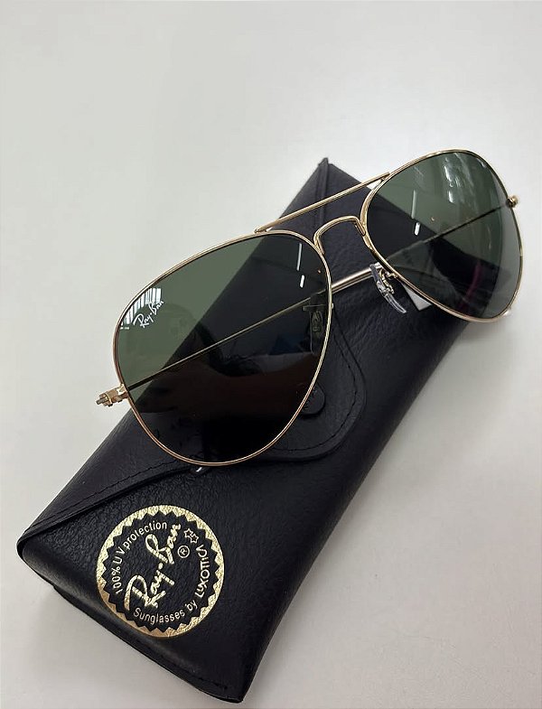 Óculos de Sol Ray Ban Aviador lente Preto Cristal Metal Dourado Feminino e Masculino Mais Vendido