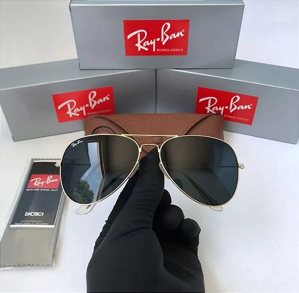Óculos de Sol Ray Ban Rb3026 Aviador Preto Cristal Metal Dourado Feminino e Masculino Proteção Uv