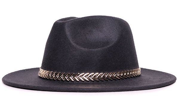 Chapéu Fedora Preto Aba Média Reta 7cm Faixa Dourada II - Coleção Metalizada