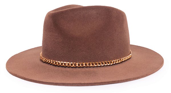 Chapéu Fedora Aba Grande Veludo Caramelo Faixa Dourada - Coleção Corrente