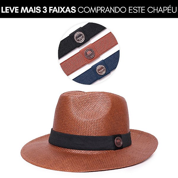 Kit Chapéu Panamá Palha Rígida Marrom Aba Média 6,5cm Faixa Preta - Coleção Clássica + 3 Faixas Elásticas