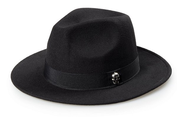 Chapéu Fedora Feltro Preto Aba Reta 7cm Faixa Preta Caveira Prata - Coleção Clássico