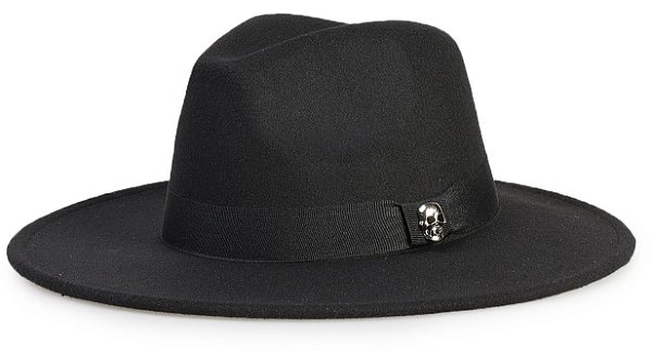 Chapéu Fedora Preto Aba Reta 9cm Feltro Caveira Prata