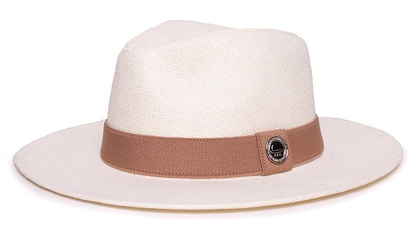 Chapéu Panamá Palha Rígida Creme Aba Média 7cm Faixa Caramelo - Coleção Elástica