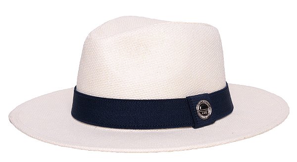 Chapéu Panamá Palha Rígida Creme Aba Média 7cm Faixa Azul Marinho - Coleção Elástica