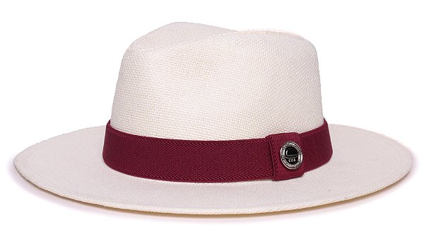 Chapéu Panamá Palha Rígida Creme Aba Média 7cm Faixa Vinho - Coleção Elástica