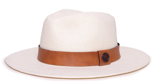 Chapéu Panamá Palha Rígida Creme Aba Média 7cm Faixa Caramelo - Coleção Couro