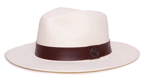 Chapéu Panamá Palha Rígida Creme Aba Média 7cm Faixa Marrom - Coleção Couro