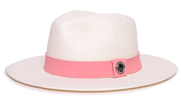 Chapéu Panamá Palha Rígida Creme Aba Média 7cm Faixa Rosa- Coleção Suede