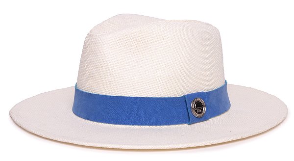 Chapéu Panamá Palha Rígida Creme Aba Média 7cm Faixa Azul Royal- Coleção Suede