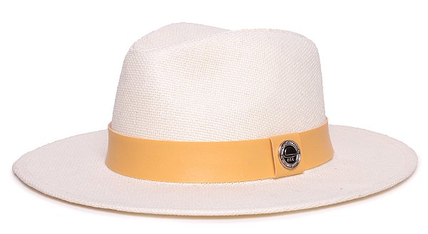Chapéu Panamá Palha Rígida Creme Aba Média 7cm Faixa Amarelo Pastel- Coleção Couro