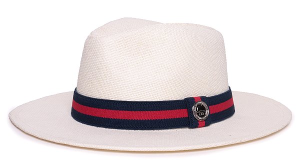Chapéu Panamá Palha Rígida Creme Aba Média 7cm Faixa Azul Marinho Listra Vermelha - Coleção Stripes