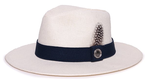 Chapéu Panamá Palha Rígida Creme Aba Média 7cm Faixa Azul Marinho Pena Angola - Coleção Elástica