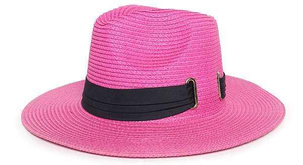 Chapéu Fedora Palha Sintética Rosa Com Ilho Aba 8cm Faixa Preta - Coleção Elástica