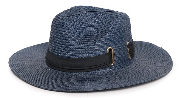 Chapéu Fedora Palha Sintética Azul Marinho Com Ilho Aba 8cm Faixa Preta - Coleção Elástica
