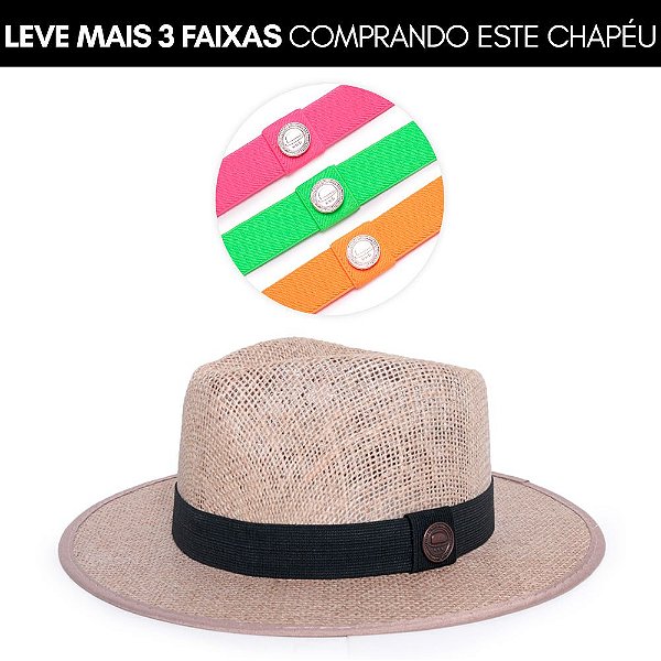 Kit Chapéu Fedora Palha Juta Bege Aba Média Faixa Preta + 3 Faixas Elásticas Neon