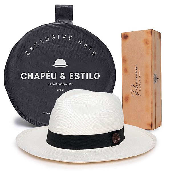 Kit Chapéu Panamá Branco Classico com Caixa De Madeira e Bag Preta