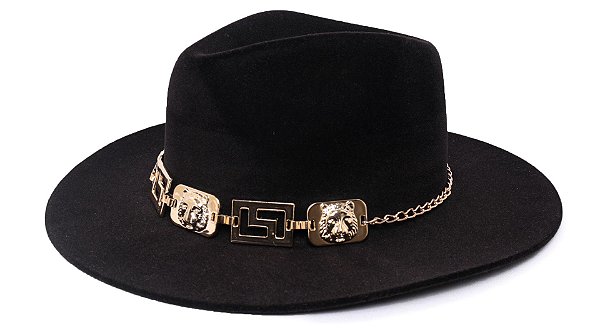 Chapéu Fedora Aba Grande 8cm Veludo Preto Faixa Dourada II - Coleção Medallion